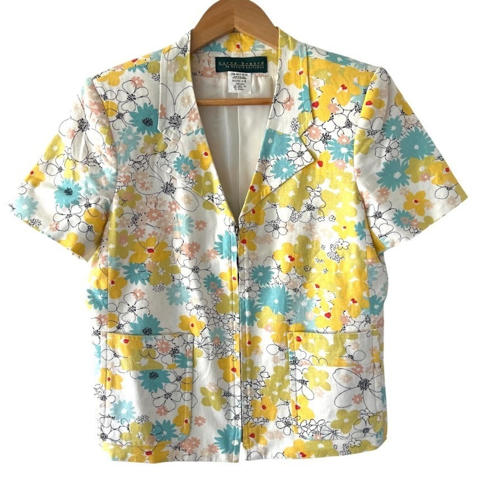 Harve Benard Floral Linen Blend Zip Front Blazer Jacket Yellow Teal Womens 8‎